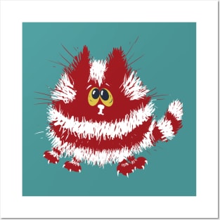 Funny Red and White Fluffy Cat on Turquoise Background Posters and Art